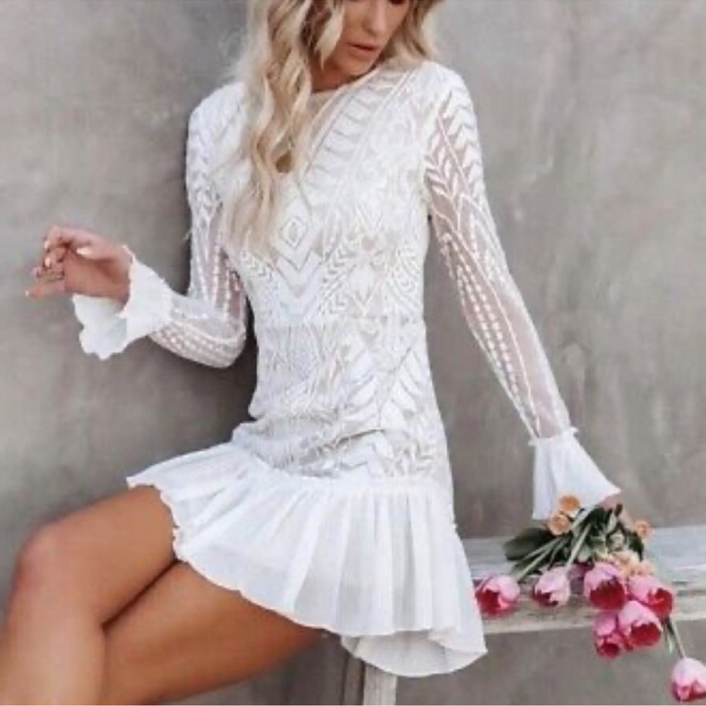 Saints + Secrets White Long Sleeve Lace Illusion Mini Dress with Pleated Skirt